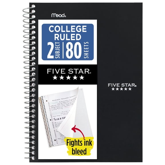 Five Star Spiral Notebook, 2 Subject, College Ruled, 6" x 9.5", Black
