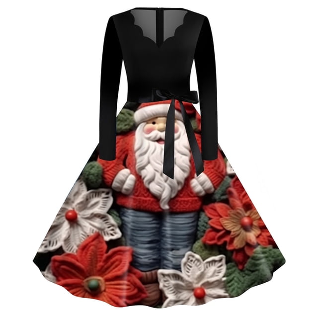 Robe Décontractée Évasée pour Femme Col Rond Manches Longues Imprimée Fête Noël Chandail Fluide Confortable Élégante Stylée