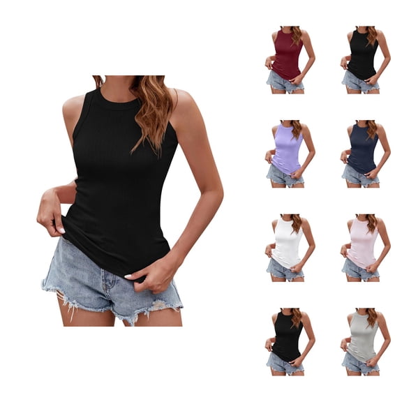 Basic Tank Tops for Women Stretchy Ribbed Crewneck Fitted Sleeveless Shirt Base Layer Summer Outfits