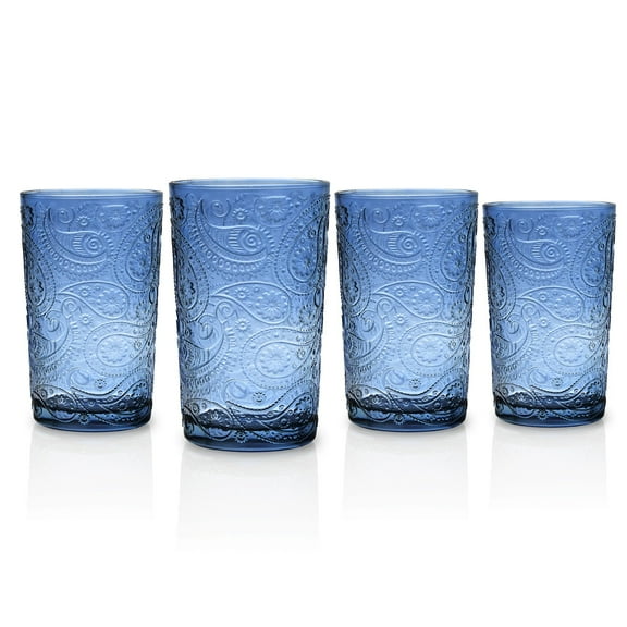 Godinger Highball Drinking Glasses, Tall Glass Cups Cocktail Glasses, Water Glasses, Romantic Design - Paisley Collection, Blue, Set of 4