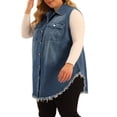 thumbnail image 4 of Unique Bargains Women's Plus Frayed Hem Shacket Pockets Denim Jean Jacket Outerwear Vest 4X Blue, 4 of 6