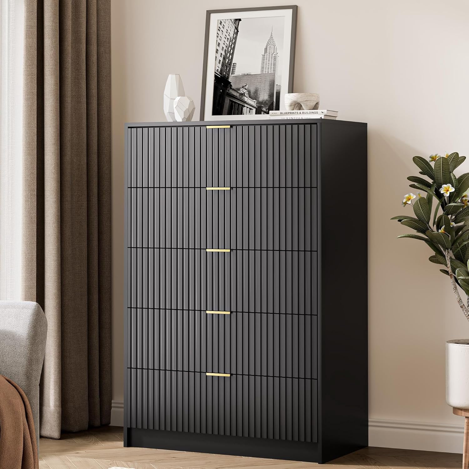 FURNIWAY Black 5 Drawer Dresser, 32 Inch Wide Chest with Gold Handles for Bedroom Living Room Office