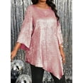 thumbnail image 2 of Women'S 2025 Plus Size Loose Round Neck Nine-Point Sleeve Irregular Hem Tops Glitter 5XL, 2 of 6