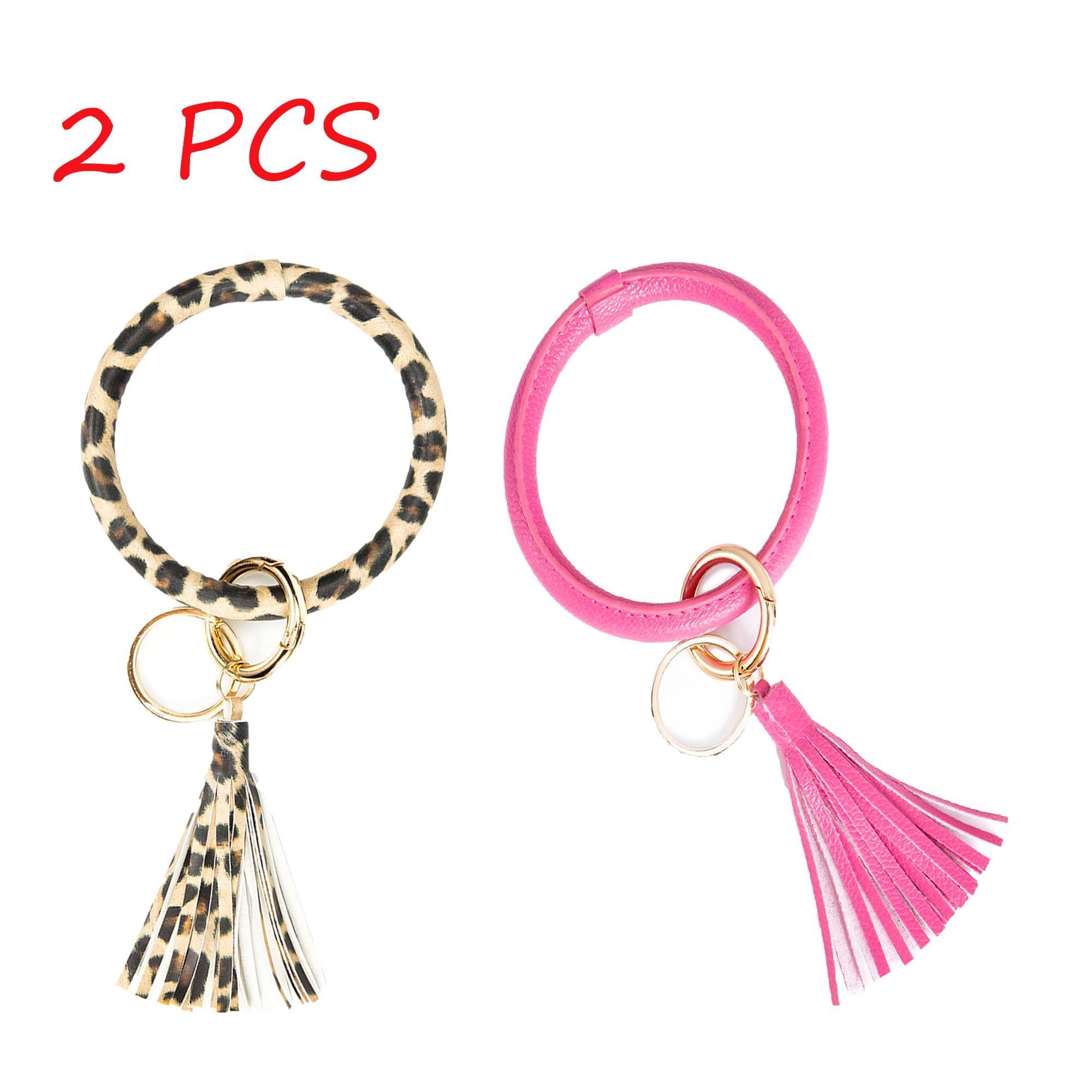 2pcs Women Girls Leather Round Key Ring Wristlet Keychain Bracelet Bangle 