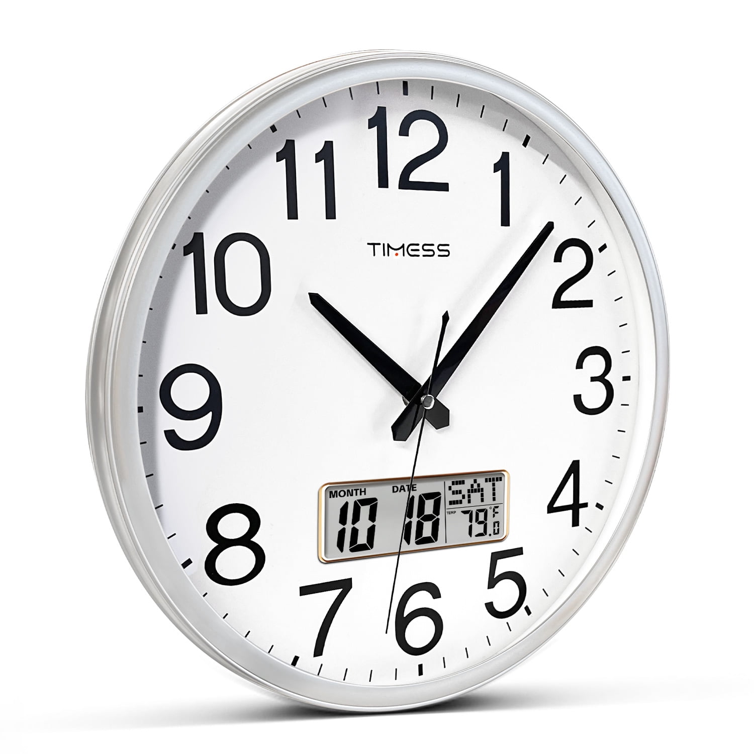TIMESS 13" Digital Wall Clock with Silver Frame, Date, Weekday & Temperature Display, Quiet Movement