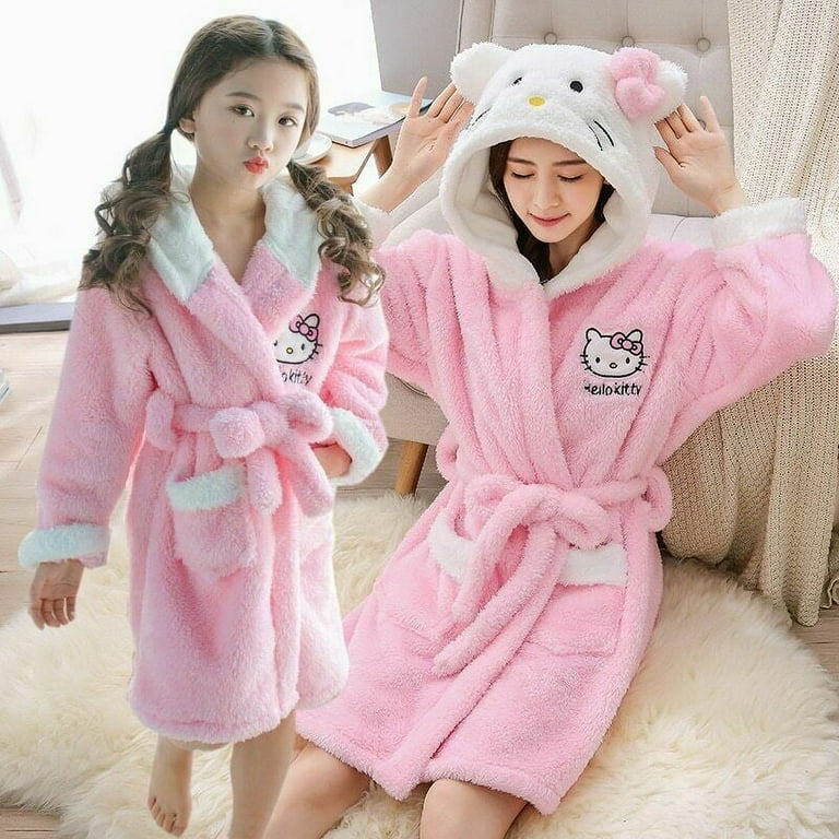 NEW Womens Cute Kitty Flannel Pajamas Bathrobe Mother Daughter Plush Warm Nightgown Bath Robe Girls Sleepwear Walmart