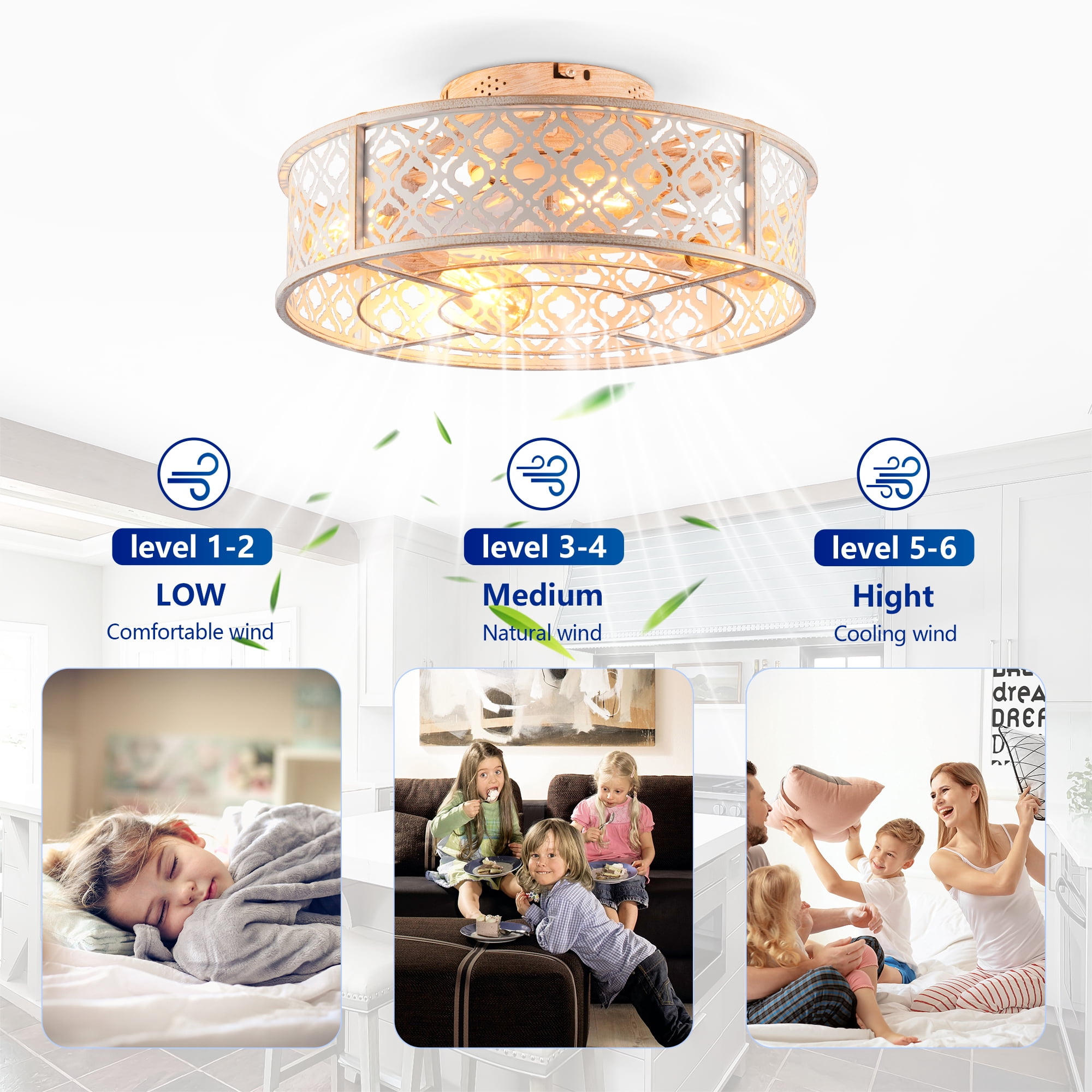 Leumius 20" Flower Style Iron Ceiling Fans with Light and Remote,Flush Mount Caged Ceiling Fan for Living Room Bedroom Dining Room White (NOT Included Bulbs)
