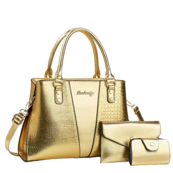 PORT&LOTUS Women's Fashion Handbag Set 3 PCS Crocodile Pattern Top-handle Satchel with Clutch & Wristlet PU Leather Shoulder Bag for Work