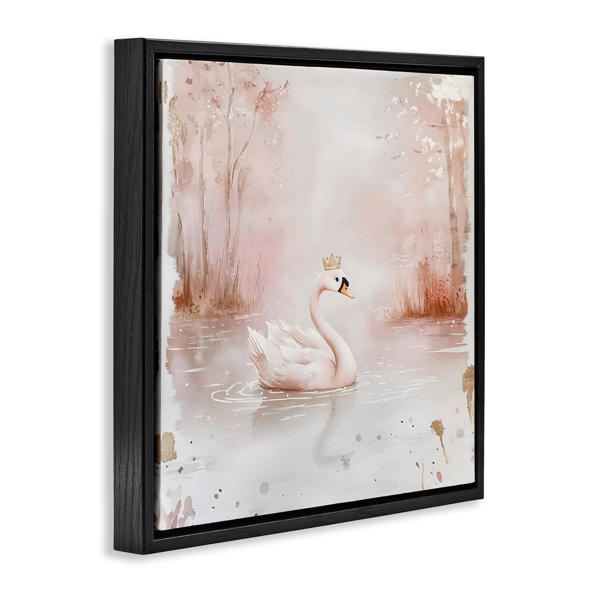 Stupell Industries Swan with Crown in Pastels Black Framed Floater Canvas Wall Art, design by Creative Studio