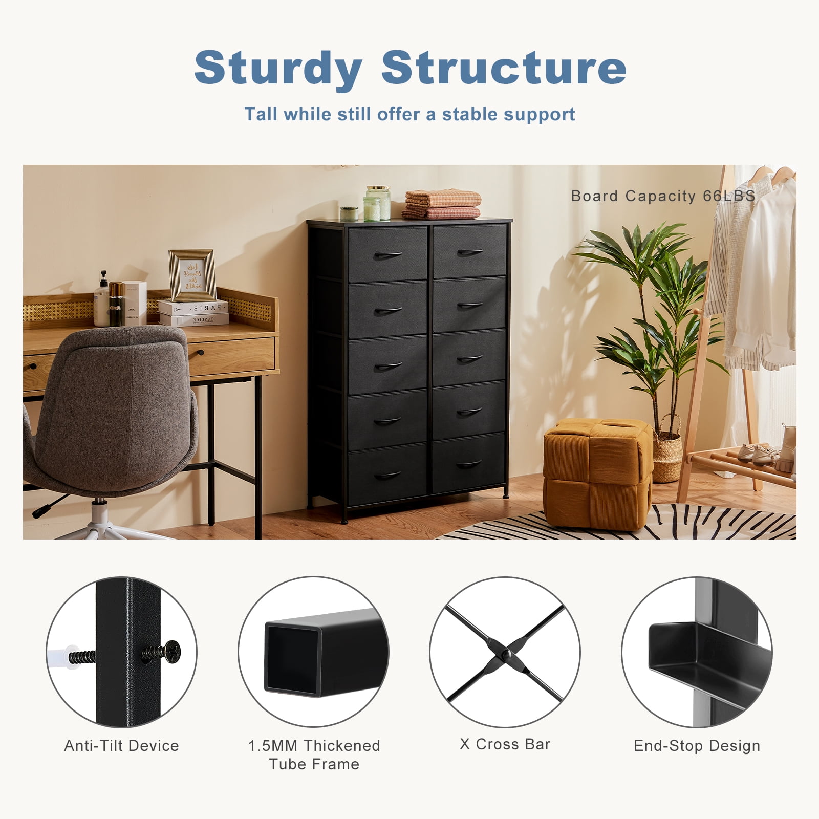 ACCVER 10-Drawer Fabric Dresser with Wood Top & Metal Frame, Closet and Chest for Bedroom, Clothes Storage Organizer, for Living Room, Apartment,Black