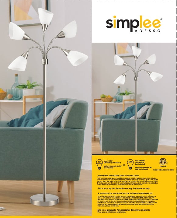 Simplee Adesso 67" 5-Light Modern Adjustable Arm Brushed Steel Floor Lamp with White Plastic Shades
