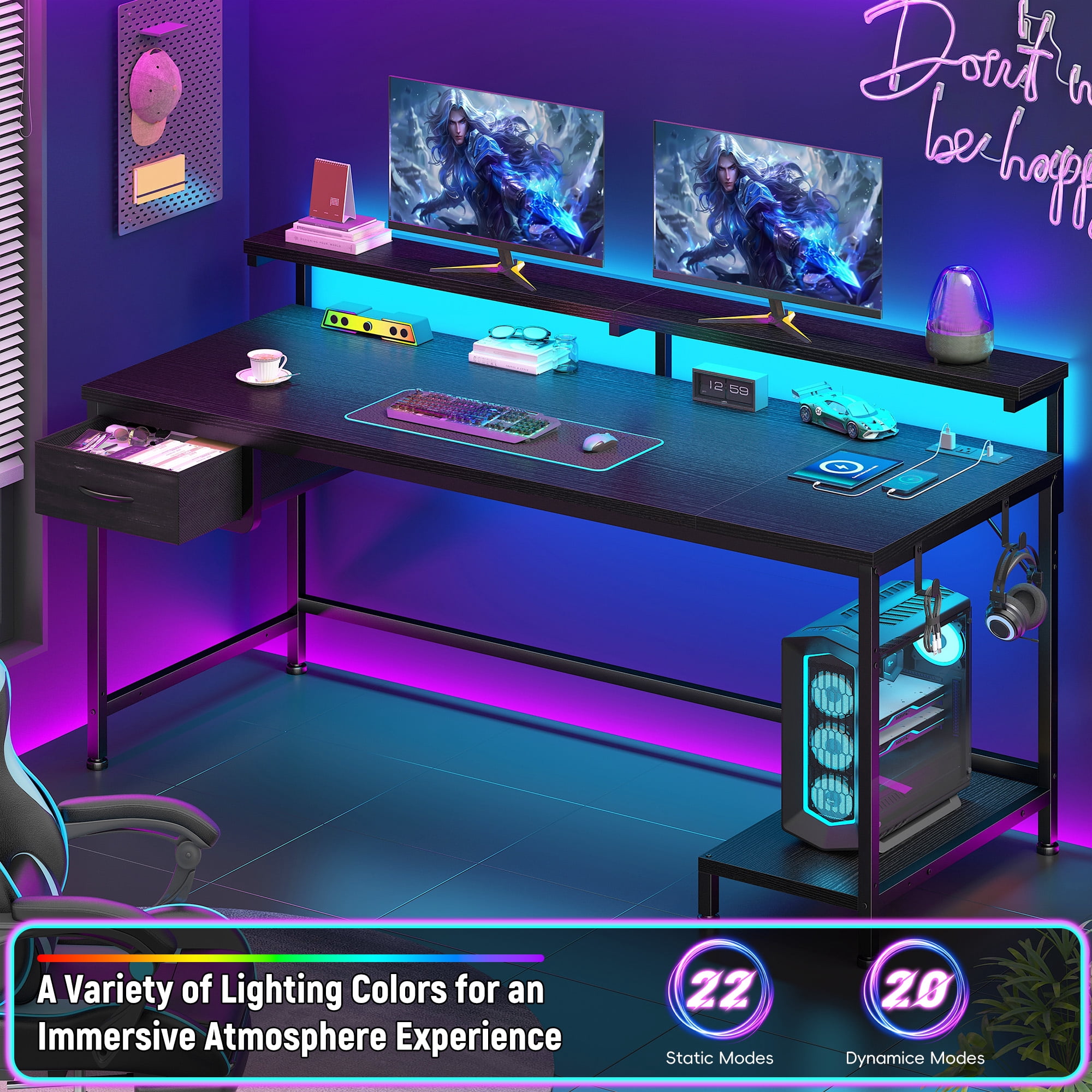 Romorgniz Gaming Desk with Power Outlet, Fabric Drawer & RGB LED Lights, Black Computer Desk with Adjustable Monitor Stand & CPU Holder for Home Office