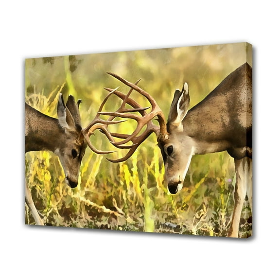 Two Mule Deer Bucks Fighting Canvas Poster Bedroom Decor Sports Landscape Office Room Decor Gift,Frame-style,24x36inch(60x90cm)