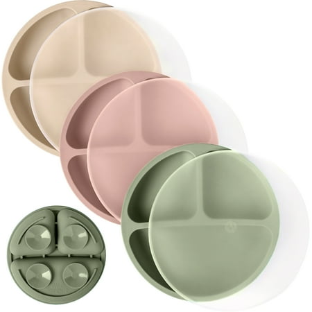 WeeSprout Suction Plates with Lids for Babies & Toddlers, 100% Silicone, Dinnerware Stays Put, 3-Pk