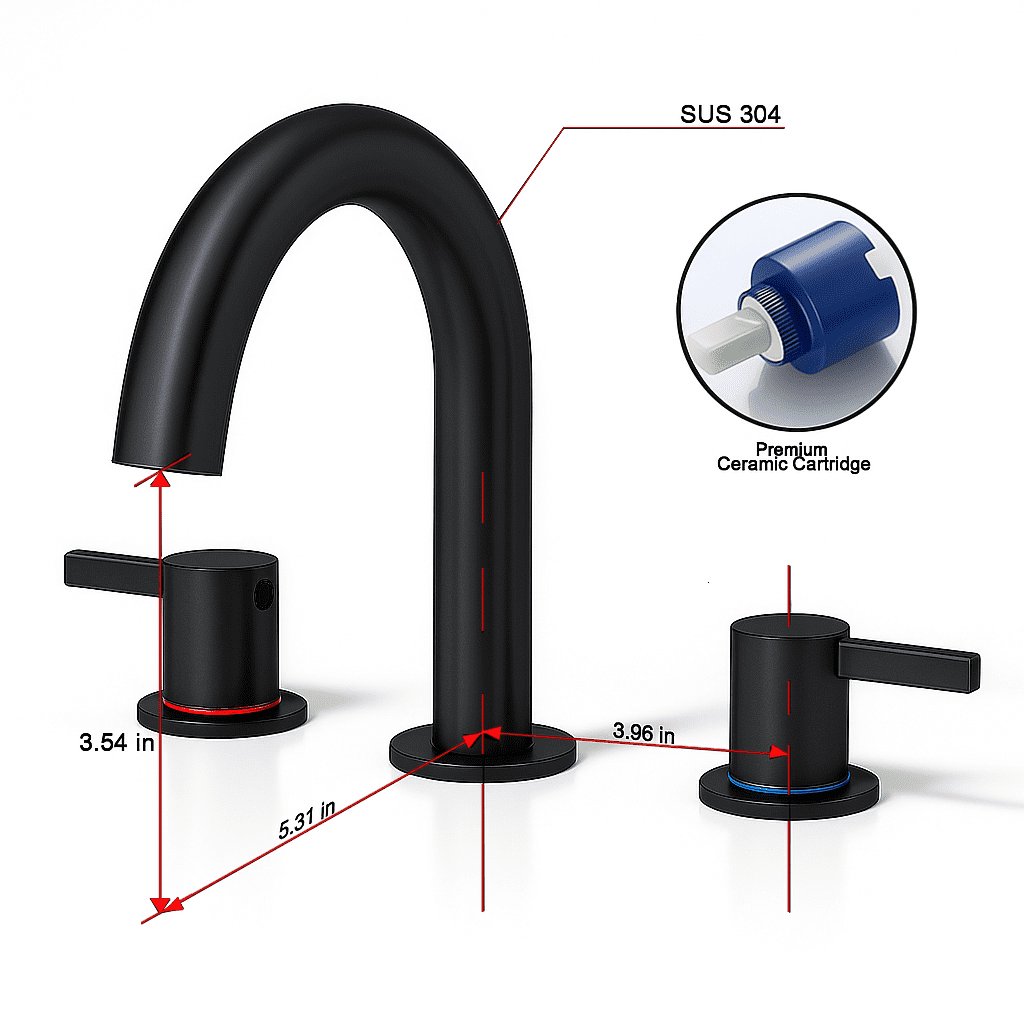 8 Inch Widespread Bathroom Faucet Matte Black 2 Handle 3 Hole with 360 °   Rotating Spout and Pop-Up Drain  LJH