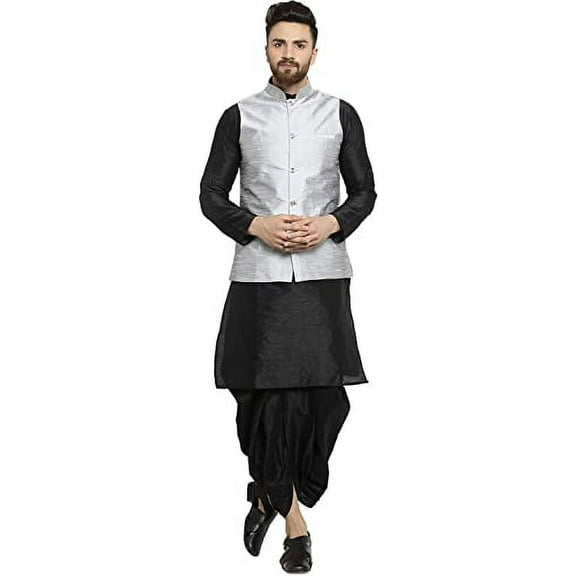 Royal Kurta Men's Silk Blend Kurta Dhoti & Nehru Jacket Set (38, Silver-Black-Ao)