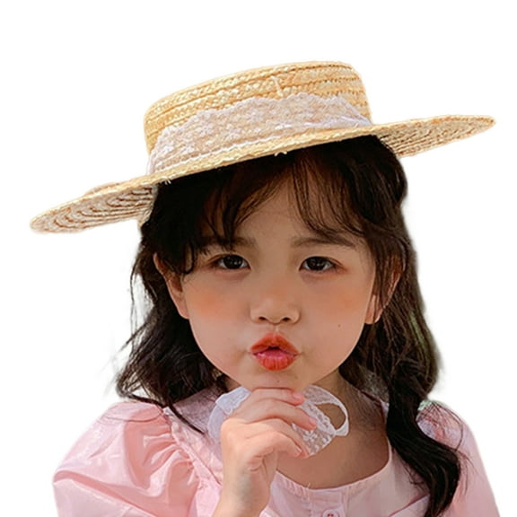 Baby Straw Hat for Girl Sun Protective Flat Top Hat with Lace Strap Breathable Wide Brim Sun Cap Toddler Girl Panama Hat