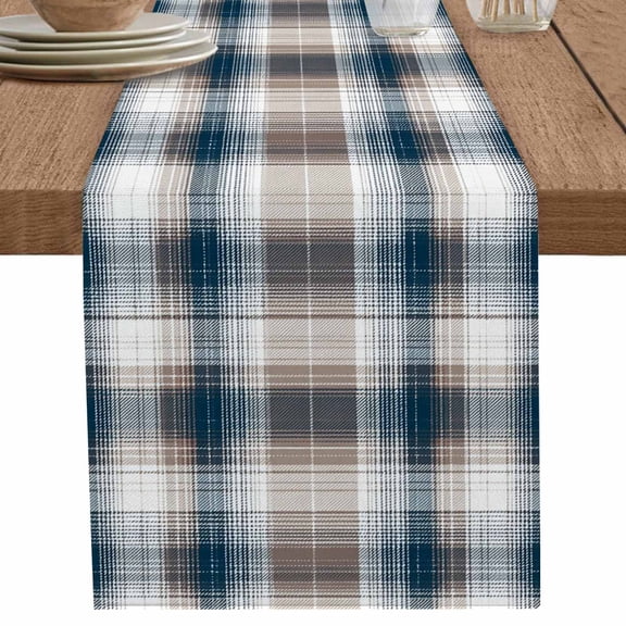 nqOlkjepod Blue Brown Plaid Table Runner 60 Inches Long Farmhouse Dress Scarves, Modern Abstract Striped Gingham Checked Dining Tablerunner for Coffee Table/Kitchen Island/Party Décor, 13" x 60"