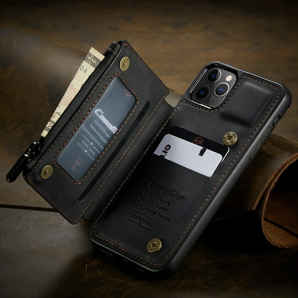CaseMe Back case Card Slot Retro Matte Synthetic Leather Wallet Zipper Stand Cover for iPhone 13 (Black)