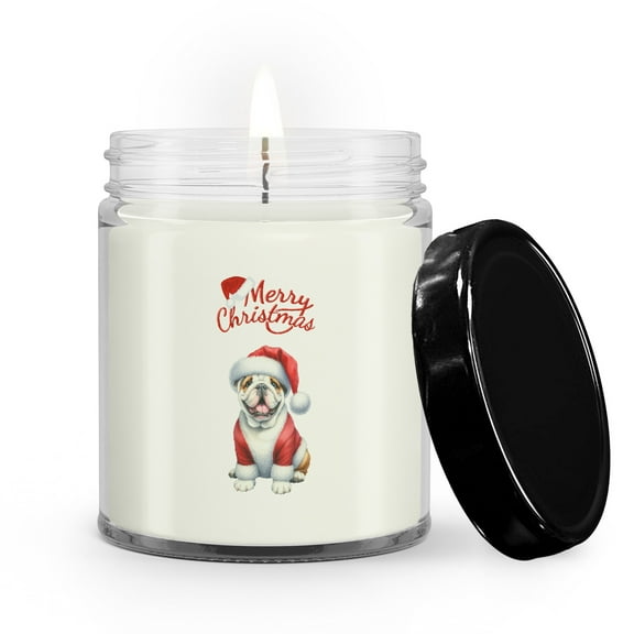 Merry Christmas Bulldog Santa Hat Xmas Tree Winter Holiday Soy Wax Candle Dog Lover Gifts Idea 9oz White Birch & Black Pepper Candle - 01013
