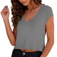 thumbnail image 4 of Women's V-Neck Crop Top, Short Sleeve Casual Solid Color T-Shirt Y2K Tops Travel Outfit Gray S, 4 of 6