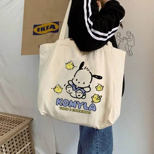 Sanrio Pochacco-Bolso de lona de alta capacidad, bolsa de un solo hombro portátil con cremallera para teléfono móvil, regalo antipérdida para novia