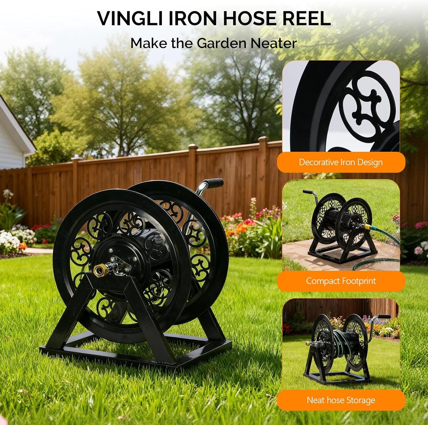 CHTER Decorative Hose Reel, Wall Mount Water Hose Reel for Garden Outside with Heavy Duty Portable Rolling Design Metal, 108FT Capacity for 3/4" Hose for Outdoor Use (Black)