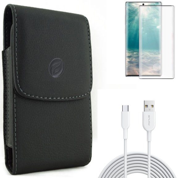 6ft USB-C Cable & Case Belt Clip & Screen Protector for Samsung Galaxy Note 20 (6.7") - Combo with Type-C Fast Charger & Leather Holster & Tempered Glass (Fingerprint Unlock)