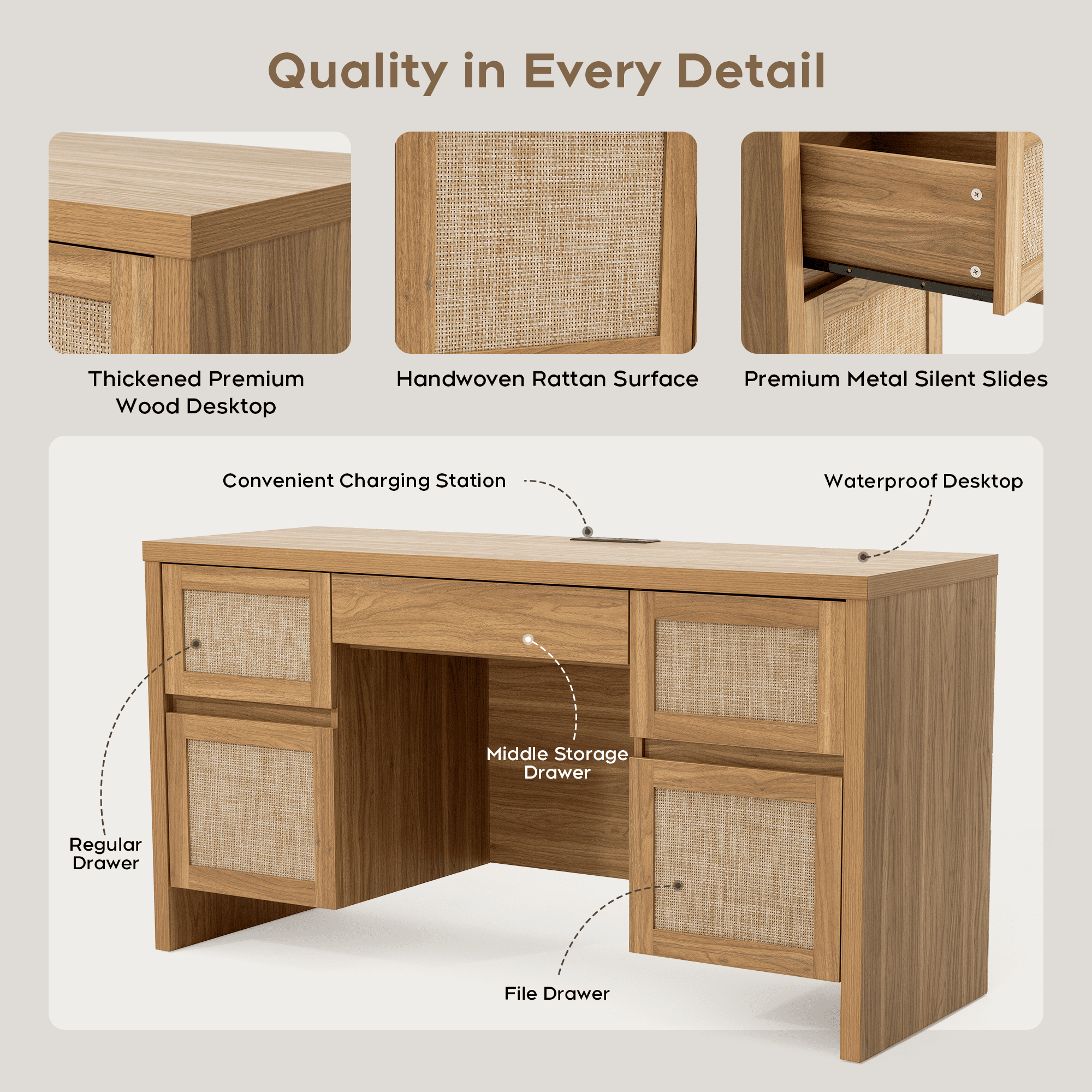 Brafabhome 57" Rattan Executive Desk with 5 Storage Drawers, Modern Study Writing Table Wooden Computer Desks with Charging Station for Home Office Bedroom | Oak