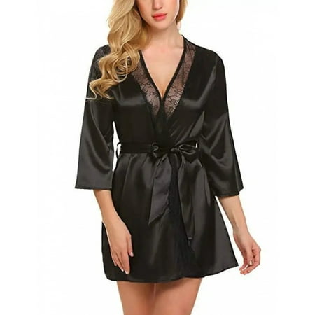 Women Sexy Lace Satin Robe Sleepwear Short Nightgown Kimono Bathrobe Lingerie Nighty Dress Soft Comfortable Black Plus Size