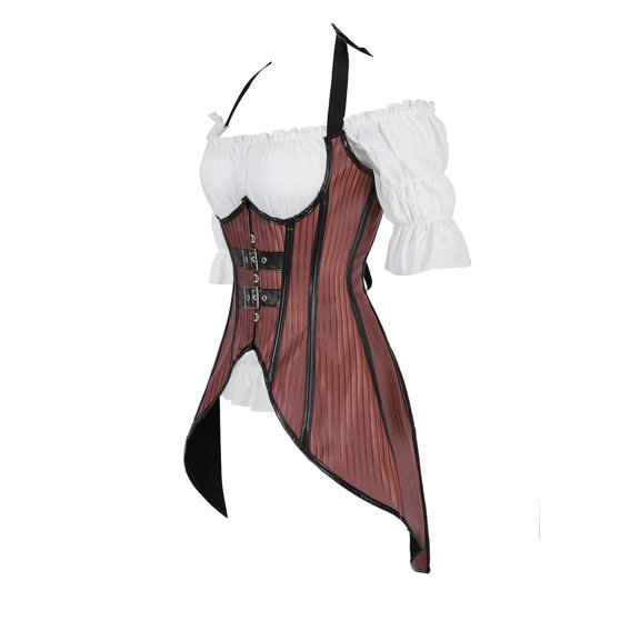 Grebrafan Steampunk Underbust Corset with Renaissance Blouse Women 2XL Brown