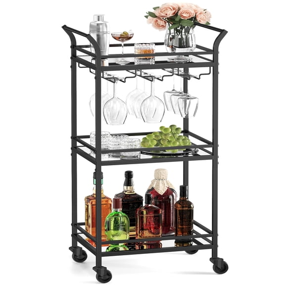 VASAGLE Bar Cart, Home Bar Serving Cart, Small Bar Cart With 3-Tier Shelf, Wine Holders, Glass Holders, Mini Bar Cart for Small Spaces, Ink Black