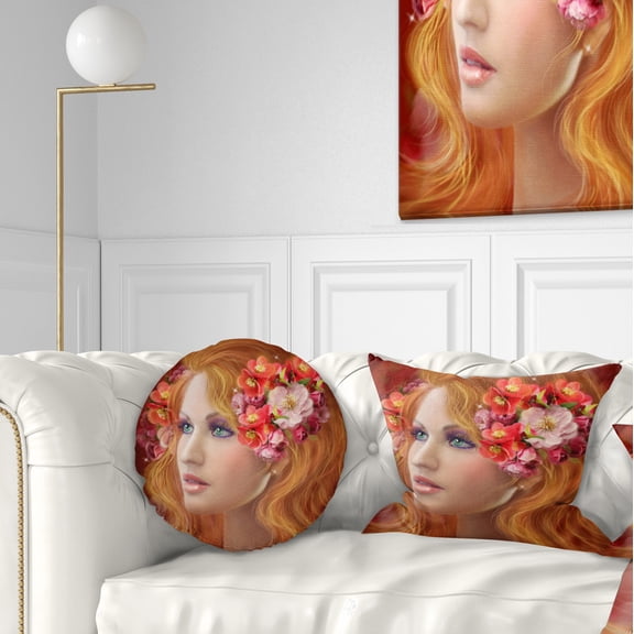 Designart Woman with Autumn Flowers - Abstract Portrait Throw Pillow - 12x20