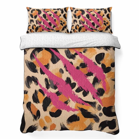 Quilts Full Size Bedding Set, Leopard Print Lightweight Quilted Comforter, Modern Animal Claw Textured Orange Pink Soft Reversible Bedspread Coverlet with Pillow Covers for All Season, 78" x 90"
