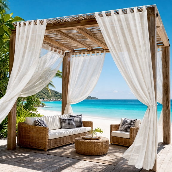 Outdoor Curtains 2 Panels, Linen Patio Curtains for Pergola Gazebo, 52"W x 108"L, Natural Color Light Filtering Curtains for Patio
