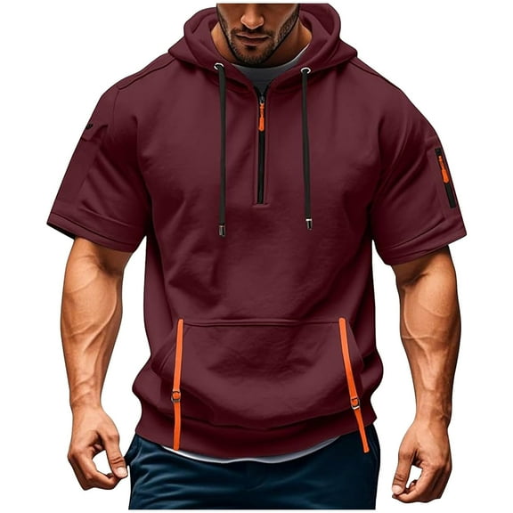 hotojiny Men's Quarter Zipper Sweatshirt Fashion Colorblock Short Sleeve Hoodie Workout Gym Loose Fit Athletic Pullover with Pocket