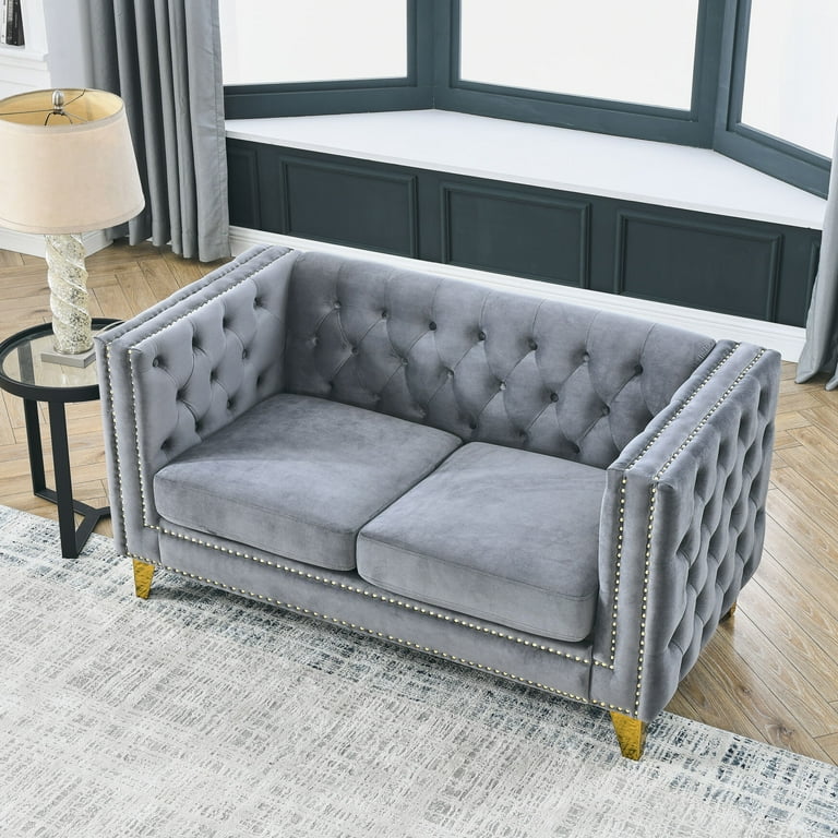 Sofa, 2 Seat Couch, Velvet Futtons Tufted Square Arm Couch, Sofas