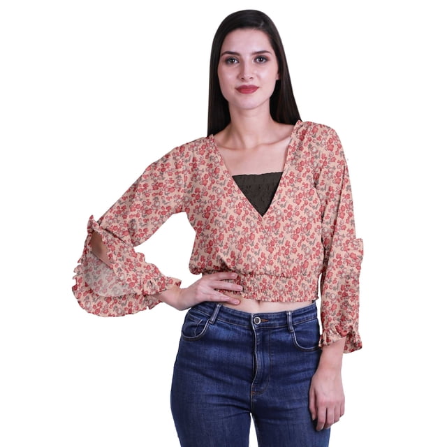 Moomaya Haut Court Imprimé pour Femmes Style Enveloppant Manches Longues à Volants Blouse d'Été Décontractée