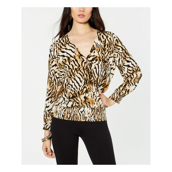INC Womens Beige Animal Print Long Sleeve V Neck Top Size: XS
