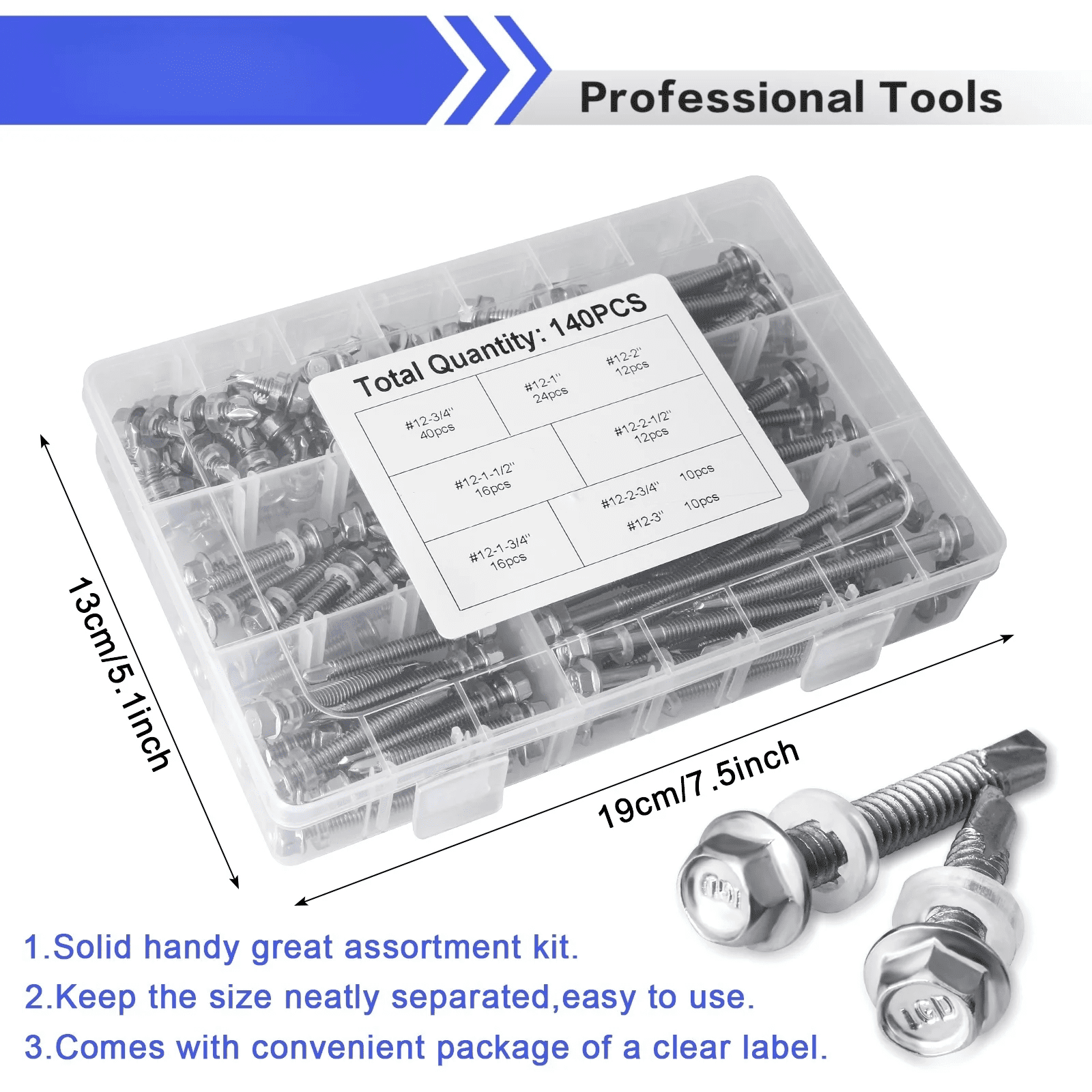 140pcs Hex Washer Head Self Drilling Tek Screw Assortment Kit, #12 Self Tapping Screw For Metal, 410 Rust Proof Wood Plastic Sheet Metal Screw