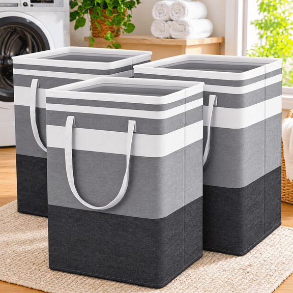 HEYMKGO 3-Pack Collapsible Clothes Hamper with Handles, Freestanding&Waterproof Laundry Hamper,Grey,75L