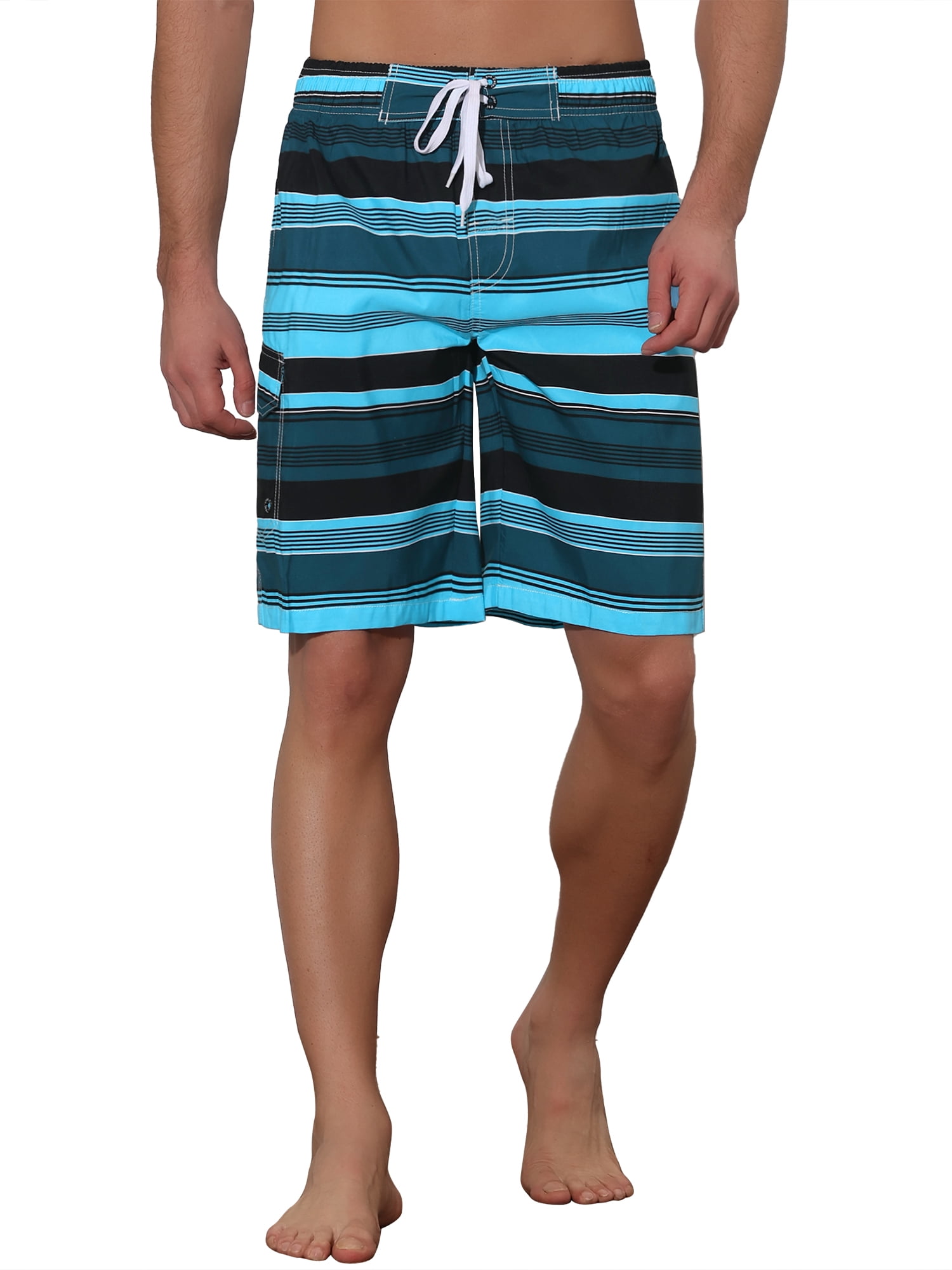Unique Bargains Men's Drawstring Stripes Printed Color Block Beach Pool Board Shorts 32 Blue