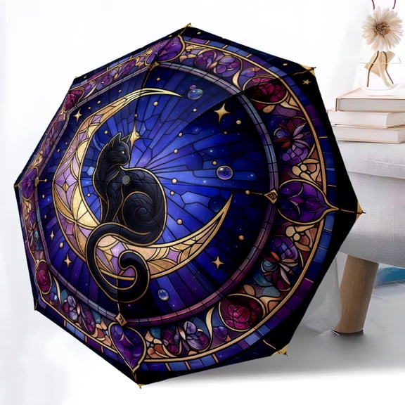 Black Cat and Moon Stained Glass Print Automatic Folding Umbrella, Portable 8-Rib Windproof Rain Umbrella for Outdoor, Travel, and Daily Use