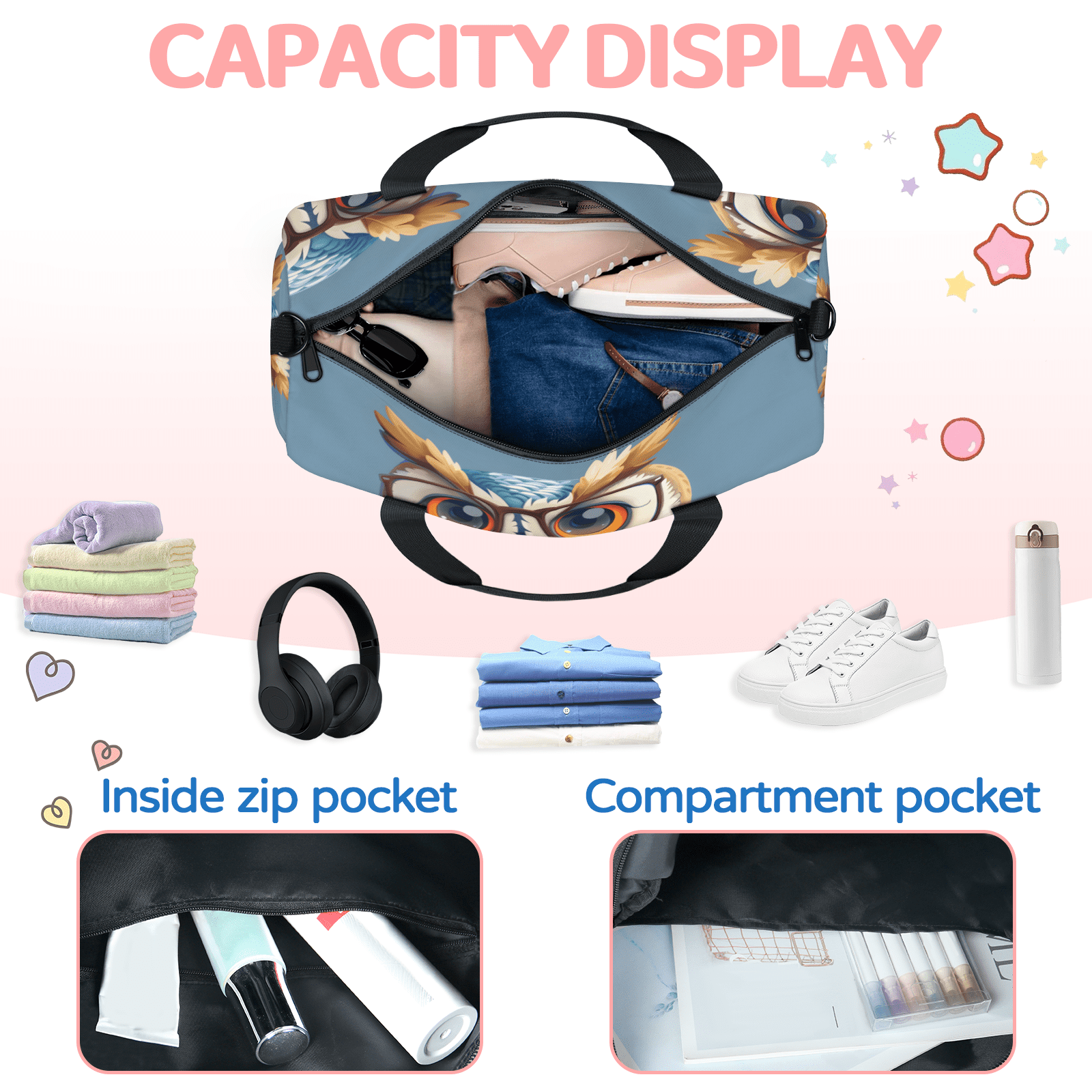 Herdesigns Owl Travel Duffle Bag Sports Yoga Weekender Overnight Carry on Workout Bags Lightweight Waterproof Gym Tote Bag for Women Funny