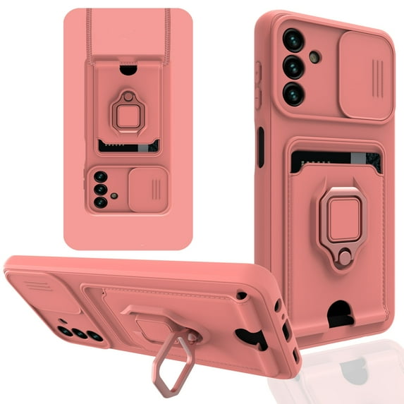 SaniMore For Samsung Galaxy A13 5G Case with Crossbody Strap & Card Holder Ring Kickstand Liquid Silicone Shockproof Slide Lens Camera Protective Magnetic Case for Galaxy A13 5G 6.5", Pink