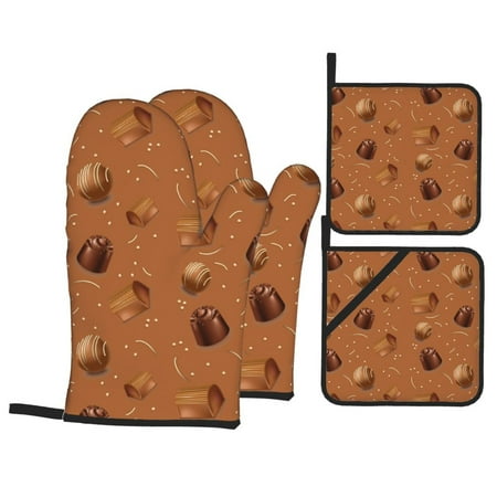 

Oven Mitts and Pot Holders 4 Piece Chocolate Pattern No.9049 High Heat Slip Resistant Oven Mitt and Trivets Set Kitchen Oven Glove Pot Holders for Cooking Baking Grilling