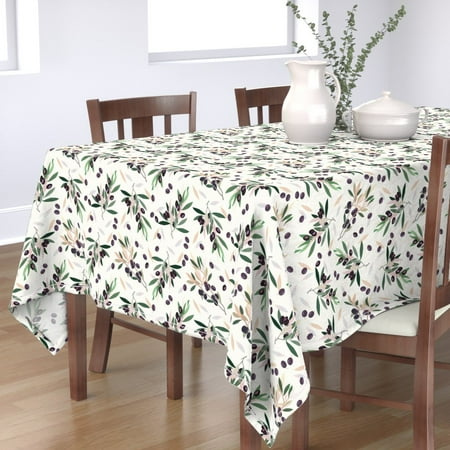 

Cotton Sateen Tablecloth 70 Square - Olive Branch Green Leaves Greenery Botanical White Print Custom Table Linens by Spoonflower