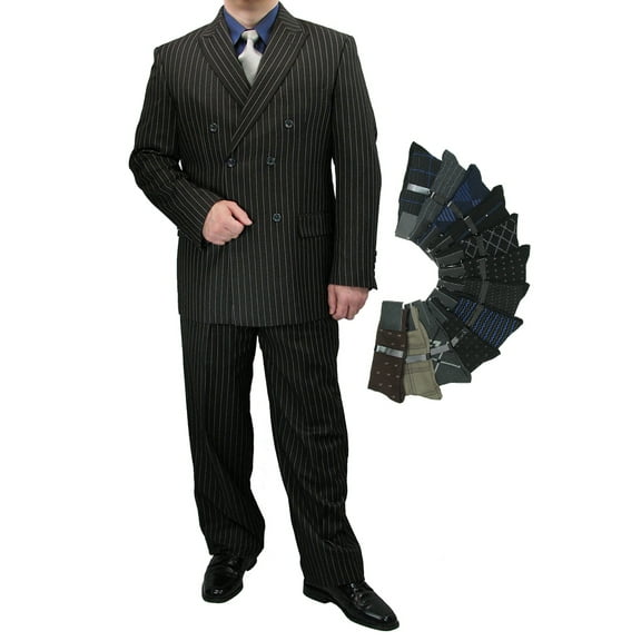 Sharp Luxurious 2pc Men's Double Breasted Pinstripe Suit w/1 Pair of Socks - Black 38S