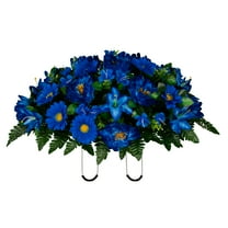 Sympathy Silks Artificial Cemetery Flowers - Royal Blue Lilies and Daisies - Saddle for Headstone