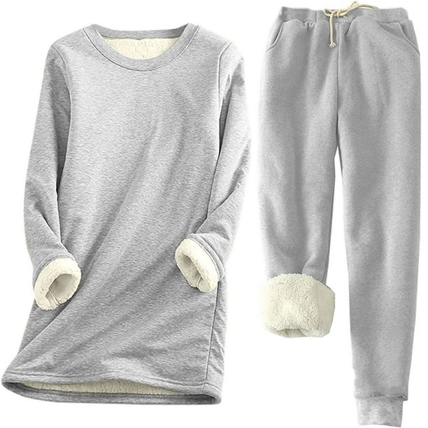 Women's Winter Warm 2 Piece Outfits Long Sleeve Fleece Lined Tops Pullover  Sherpa Lined Jogger Pants PJs Pajamas Sets